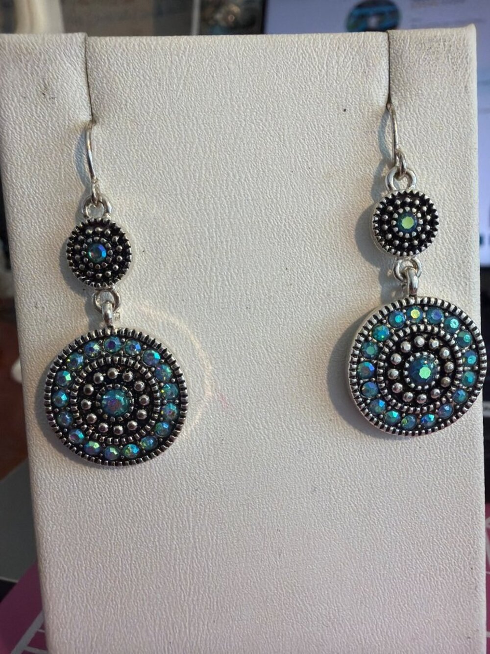 Boho Silver Tone Blue AB Crystal Double Drop Dangle Earrings 1.5" Flash 6.77g